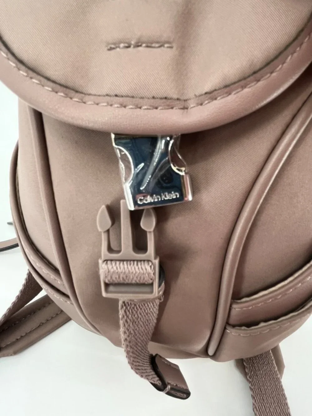 Calvin Klein Shay Mini Backpack Taupe Nylon Zip Buckle Front Pockets Adjustable